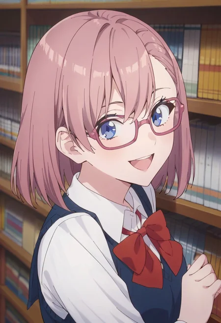 score_9, score_8_up, score_7_up, source_anime,lilysa amano, 1girl, solo, glasses, blue eyes, bookshelf, smile, bow, school uniform, shirt, red bow, white shirt, open mouth, looking at viewer, pink-framed eyewear