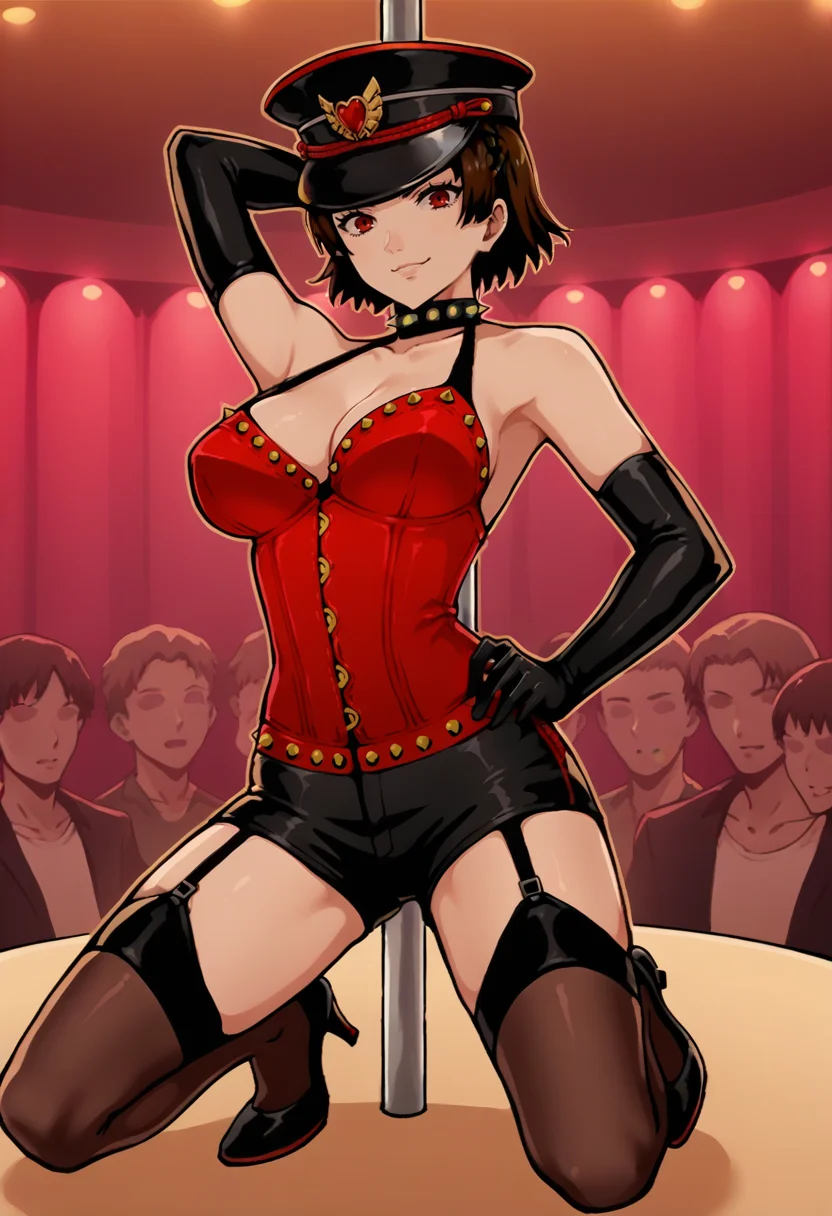 score_9, score_8_up, score_7_up, source_anime, 1girl, kneeling, smirk, looking at you, spread legs, hand on hip, arm behind head, BREAK <lora:MakotoP5-pdxl:1> lsMako, short hair, crown braid, peaked cap, spiked collar, red corset, big breasts, cleavage, halterneck, black elbow gloves, black short shorts, black thigh highs, garter straps, black high heels, indoors, nightclub, stripper pole, crowd