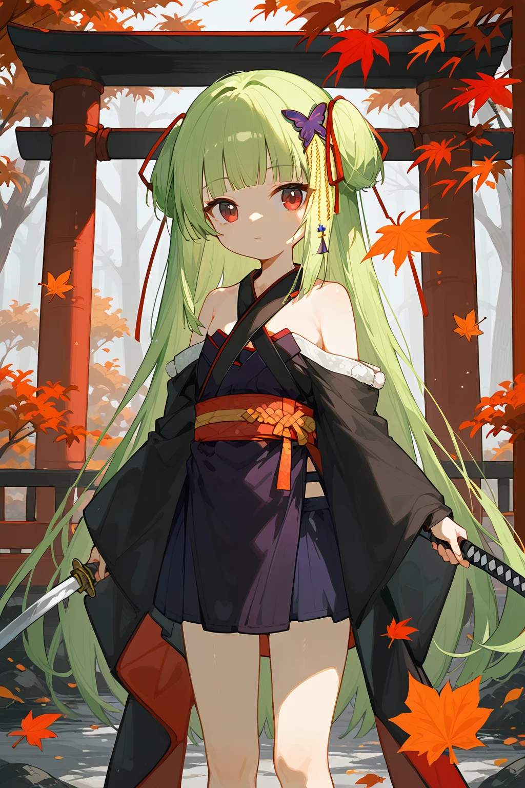 (score_9,score_8_up,score_7_up),<lora:congyu(Senren Banka)-v1:1>,congyu(Senren*Banka),1girl,weapon,sword,green hair,solo,long hair,red eyes,hair ornament,katana,japanese clothes,holding,holding weapon,bangs,holding sword,looking at viewer,kimono,blunt bangs,leaf,very long hair,ribbon,outdoors,butterfly hair ornament,bare shoulders,sash,wide sleeves,autumn leaves,closed mouth,sheath,red ribbon,torii,black kimono,tree,hair ribbon,long sleeves,shimenawa,
good feet,anime,NSFW,expressive,amazing quality,ultra hd 32k,