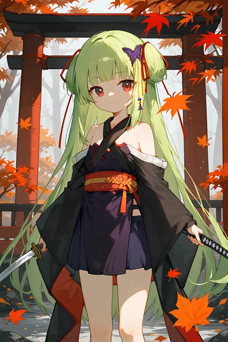 (score_9,score_8_up,score_7_up),<lora:congyu(Senren Banka)-v1:1>,congyu(Senren*Banka),1girl,weapon,sword,green hair,solo,long hair,red eyes,hair ornament,katana,japanese clothes,holding,holding weapon,bangs,holding sword,looking at viewer,kimono,blunt bangs,leaf,very long hair,ribbon,outdoors,butterfly hair ornament,bare shoulders,sash,wide sleeves,autumn leaves,closed mouth,sheath,red ribbon,torii,black kimono,tree,hair ribbon,long sleeves,shimenawa,
good feet,anime,NSFW,expressive,amazing quality,ultra hd 32k,
