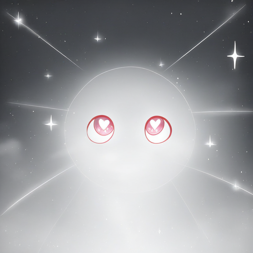fog, symbol-shaped pupils, sparkle, standing, heart-shaped pupils, looking up, light particles, white background, solo, grey background, bug, no humans