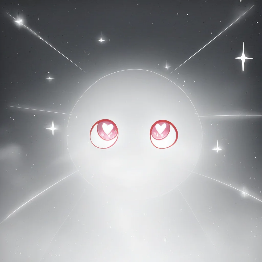 fog, symbol-shaped pupils, sparkle, standing, heart-shaped pupils, looking up, light particles, white background, solo, grey background, bug, no humans