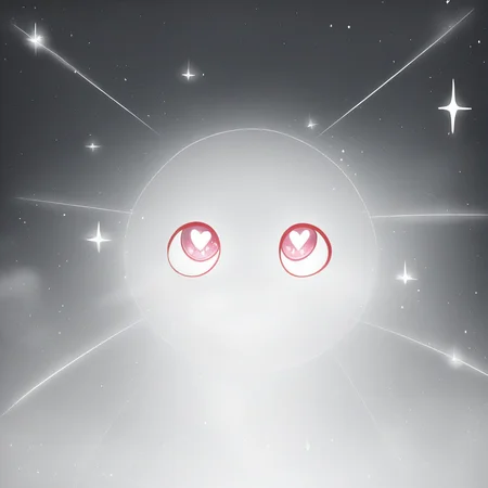 fog, symbol-shaped pupils, sparkle, standing, heart-shaped pupils, looking up, light particles, white background, solo, grey background, bug, no humans