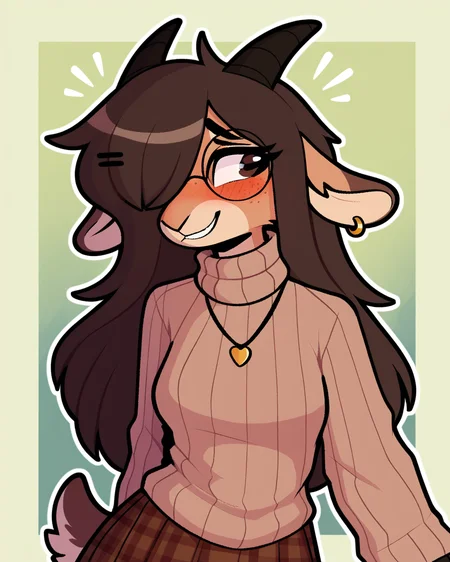 score_9_up, score_8_up, score_7_up, score_6_up, by remanedur, half length portrait, furry, blush, female, furry female, round glasses, turtleneck, turtleneck sweater, sleeves past fingers, sleeves past wrists, goat, horns, hairclip, brown hair, freckles, medium breasts, necklace, brown eyes, hair over one eye, ear piercing, plaid skirt, leg warmers, female, ring, long hair, tail, solo, smile, happy, three-quarter view, head tilt, tail, simple background, white outline, <lora:Leah_Pines(AIM)_XL_v1:0.15> <lora:PDXL_artist_tags_v2_big:0.5> <lora:The-Minuscule-Task_PDXL_v1.0:0.6> <lora:Kiko_Jayrnski:0.7>