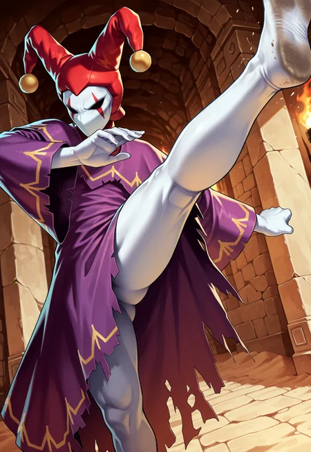 score_9,score_8,score_7,source_furry, (masterpiece, best quality, high quality:1.2), detailed hands,character focus, detailed skins, body blush, cinematic shadow, character focus, ultra detailed background,
dutch angle,
<solo:1.5>, <1boy:1.5>, (anime:3.5), (official:3.5), (dynamic pose:1.8), (kicking:2.0), focus soles, reality soles, dirty soles, spread arms,
chariotsaga, 1boy, solo, male focus,
jester, red headwear, looking at viewer, white skin, jester cap, pom pom (clothes), (faceless mask:1.2), facepaint, hat, robe, purple robe, torn robes, long sleeves, wide sleeves, barefoot, light gray color nails,
ancient ruin background, indoor, dark orange stone wide rooms, torch wall, darkness, sand, desert,