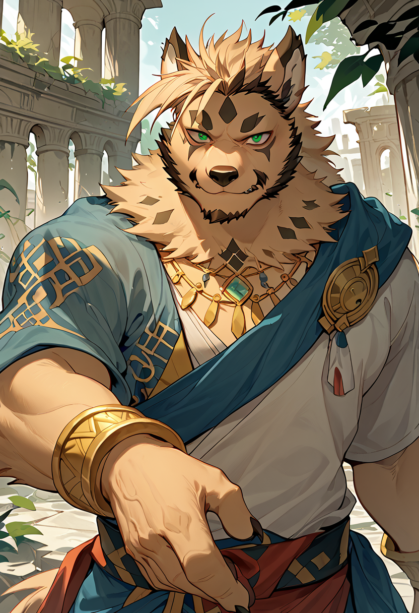 score_9, score_8_up, score_7_up, high quality, hires, 4K, solo, zacharoff, anothereidosr, furry, bara, green eyes, perfecteyes, muscular, cute, tattoo, looking at viewer, greek ruins, <lora:Zacharoff_AnotherEidos_R:1>, <lora:PerfectEyesXL:1>