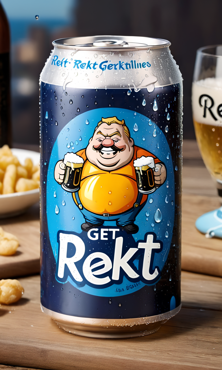 <lora:bevlabsdxl:0.9>,a beer can with drunk fat man,  text "Get rekt", bevlabsdxl,  best quality, masterpiece, water droplets, logo, fancy beer,