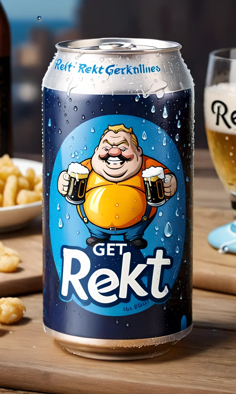 <lora:bevlabsdxl:0.9>,a beer can with drunk fat man,  text "Get rekt", bevlabsdxl,  best quality, masterpiece, water droplets, logo, fancy beer,