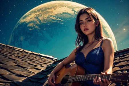 Best Quality, masterpiece , high resolution, a seductive girl, look up the sky, lovely face, close up,Wearing a silky evening dress, bare foot, sitting on a roof, playing an acoustic guitar, windy hair, anatomically correct0perfectly proportions0detailed skin textures0Detailed fabric texture0Angle looking up from below0character focus,European girl: 1.1, extremely detailed face,full moon, night sky , outdoor, centered character, OverallDetail,