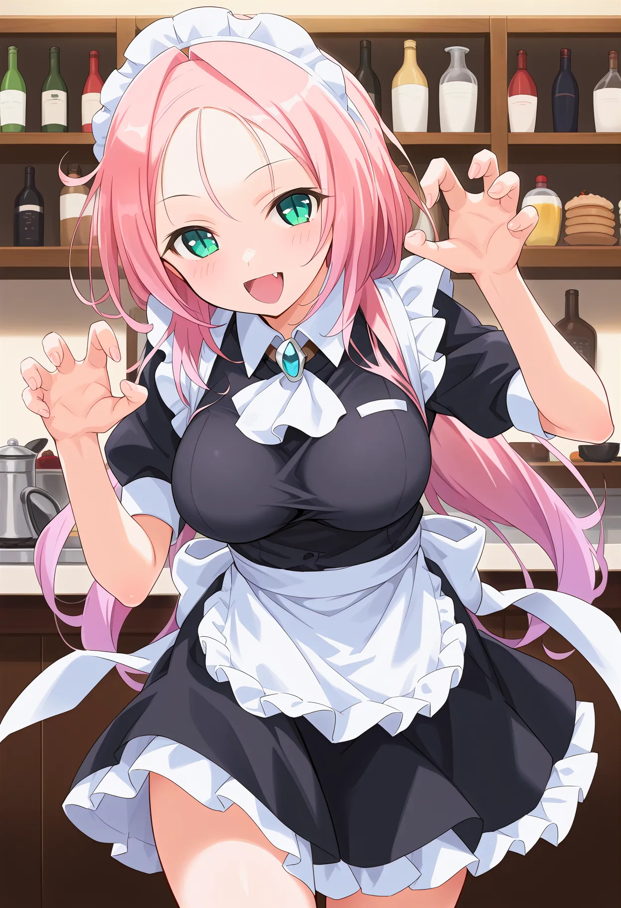 drakoi, score_9, best quality,
1girl, pink hair, long hair, fang, detailed background, indoor, cafe, large breast, fang, green eyes, forehead, slit pupils, apron, ascot, black dress, claw pose, dress, feet out of frame, large ribbon, light blush, looking at viewer, maid, maid apron, open mouth, ribbon, smile, solo, waist apron, waist ribbon, white apron, white ascot, white ribbon
 <lora:drakoiXL_pony:1>