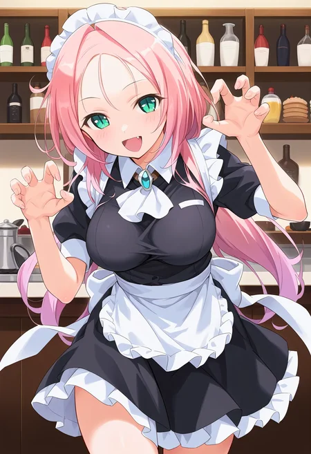 drakoi, score_9, best quality,
1girl, pink hair, long hair, fang, detailed background, indoor, cafe, large breast, fang, green eyes, forehead, slit pupils, apron, ascot, black dress, claw pose, dress, feet out of frame, large ribbon, light blush, looking at viewer, maid, maid apron, open mouth, ribbon, smile, solo, waist apron, waist ribbon, white apron, white ascot, white ribbon
 <lora:drakoiXL_pony:1>