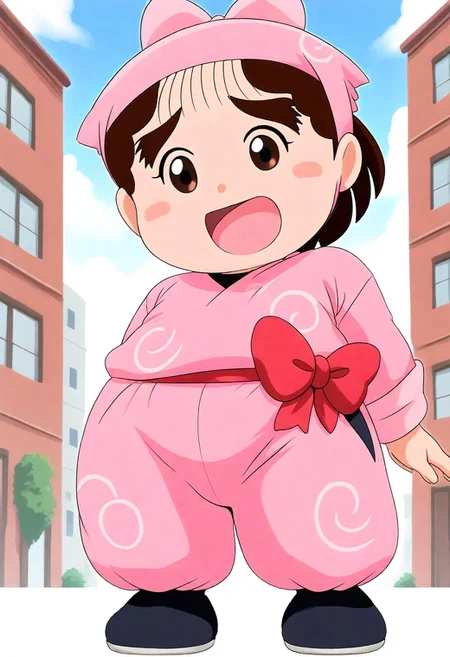 <lora:Hyper-SDXL-8steps-lora:1><lora:Fixhands_anime_bdsqlsz_V1:1>zPDXL2, score_9, score_8_up, score_7_up, source_anime, intricate details, perfect anatomy BREAK
1girl, solo, chibi, ookawashige, plump, pink hood, pink ribbon, brown hair, ponytail, thick eyebrows, black eyes, blush stickers, pink ninja, ookawashige outfit, black shoes, 
from below, arms behind back, Confused, Wide-open eyes, a slightly furrowed brow, and a slightly open mouth.,
outdoors, city, tokyo, japan,
<lora:ookawashige_XL(pony)v11:1>