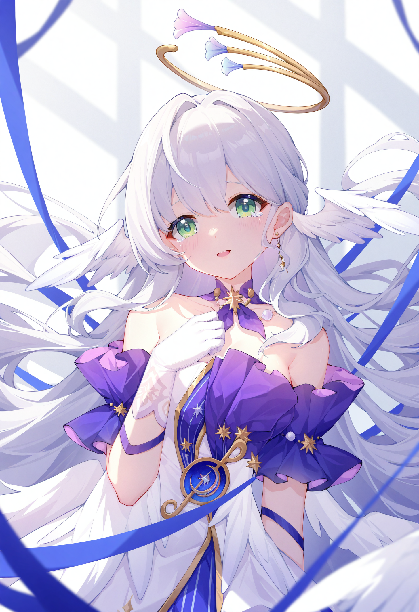 1girl, long hair, solo, green eyes, wings, dress, gloves, lying, white gloves, head wings, looking at viewer, very long hair, hair spread out, on back, detached sleeves, bare shoulders, grey hair, halo, strapless dress, parted lips, strapless, upper body, breasts, white wings, smile, hair intakes, tears,
masterpiece,best quality,newest,absurdres,highres,very awa,<lora:akovo1_noob1.1-000196:0.7>,(akovo:0.4),