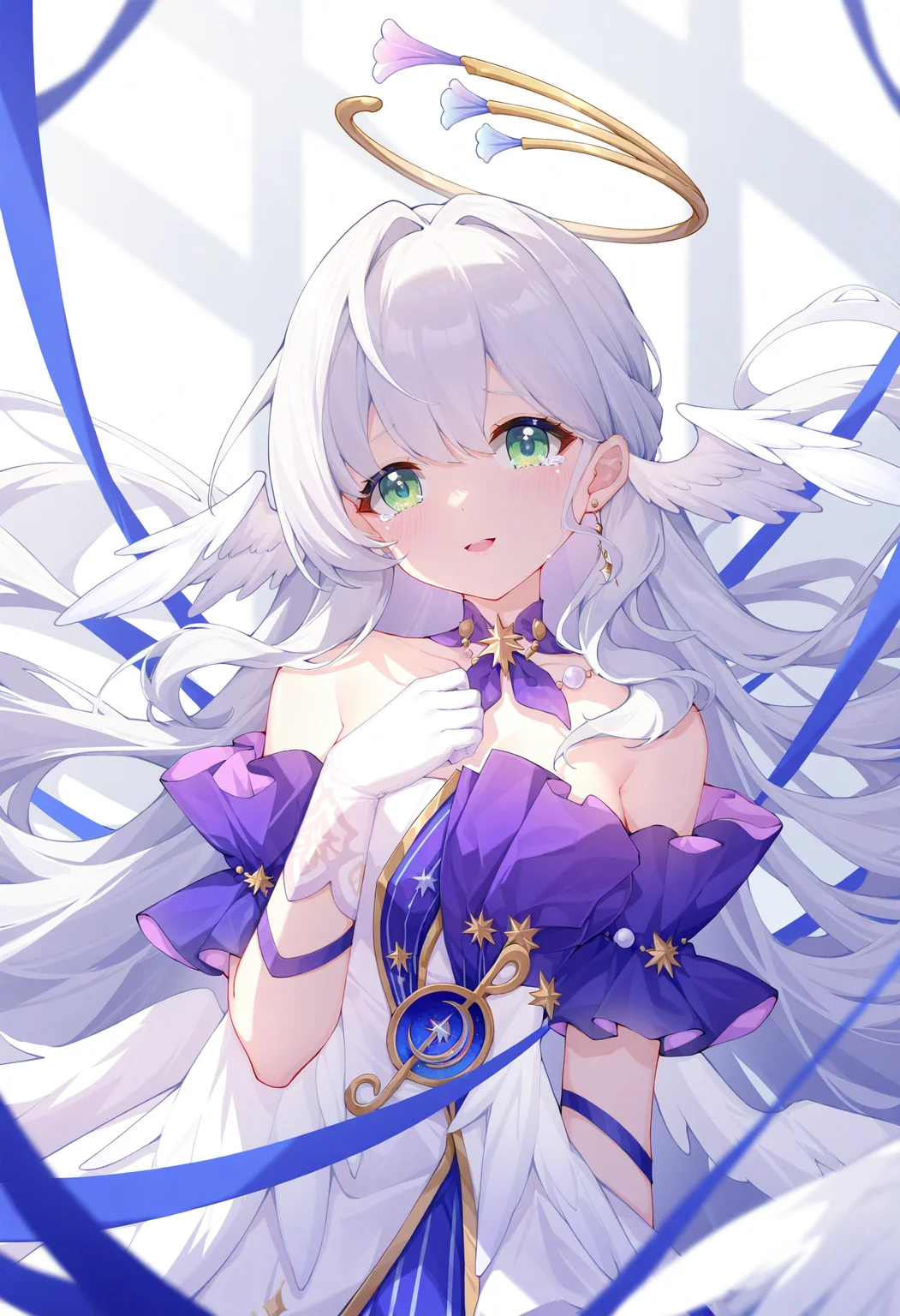 1girl, long hair, solo, green eyes, wings, dress, gloves, lying, white gloves, head wings, looking at viewer, very long hair, hair spread out, on back, detached sleeves, bare shoulders, grey hair, halo, strapless dress, parted lips, strapless, upper body, breasts, white wings, smile, hair intakes, tears,
masterpiece,best quality,newest,absurdres,highres,very awa,<lora:akovo1_noob1.1-000196:0.7>,(akovo:0.4),