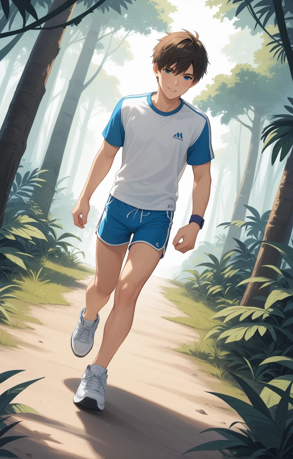 score_9,rating_safe, <lora:m1km0d-pxl_v1:0.05>
BREAK
1boy,male focus,m1km0d,jogging through jungle,wearing t-shirt and sneakers and dolphin shorts,dutch angle