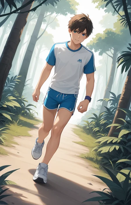 score_9,rating_safe, <lora:m1km0d-pxl_v1:0.05>  
BREAK
1boy,male focus,m1km0d,jogging through jungle,wearing t-shirt and sneakers and dolphin shorts,dutch angle
