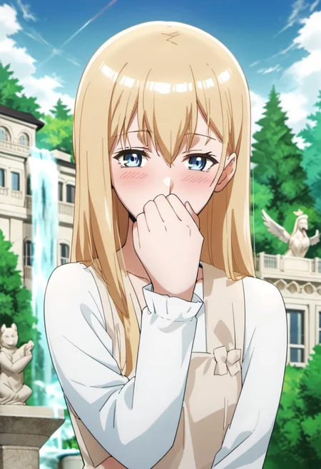 score_9, score_8_up, score_7_up, source_anime, roxy hart, blonde hair, long hair, blue eyes, 1girl, solo, statue, blush, fountain, outdoors, day, covering mouth, sky, tree, looking at viewer, building