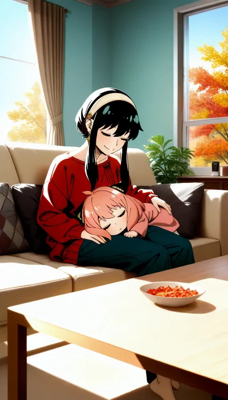 (masterpiece, best quality), amazing quality, very aesthetic, absurdres, highres, ultra detailed, best anatomy, 2024, newest, HDR, 8K, high detail RAW color art, high contrast, large pupil, eyelashes, shiny skin, detailed background, anime-reference, anime coloring,
yor briar \(spy x family\), red sweater, black hair, smile, sleeping with one's head in another's lap, anya forger \(spy x family\), indoors, living room, sofa, couch, table, cushions, curtains, window, sky, rows of gingko trees, autumn season, <lora:薄塗り:0.25>, <lora:ponyv5_noobV065S_1:0.8>, <lora:spo_sdxl_10ep_4k:0.6>, <lora:MeMaXL4:0.6>