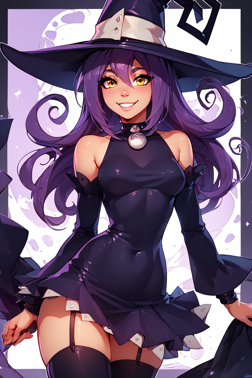 score_9, score_8_up, score_8, medium breasts, (curvy), cute, eyelashes,       BREAK, , zzBlair, 1girl, solo, yellow eyes, purple hair, witch hat, witch, detached sleeves, black short dress, thighhighs,  <lora:Blair_SoulEater_PDXL_v1:1.0>, , BREAK, smile, looking at viewer, ,,, abstract background, white outline, cowboy shot, ,,, embedding:zPDXL, Expressiveh, ,,, <lora:CatalystStylePDXL:0.6>, <lora:SDXLFaeTastic2400:0.5>, <lora:Expressive_H-000001:0.4>,