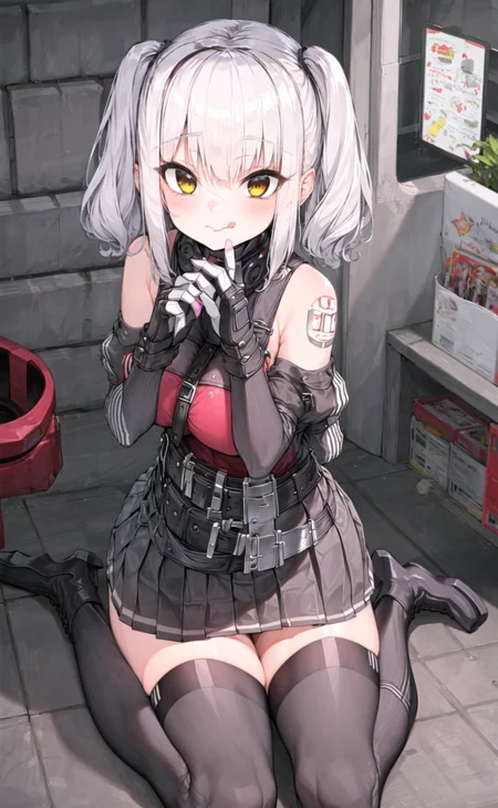 <lora:NIKKE_TetraLine_belorta_v1_epoch-000004_1.0_NP_fp16:1> best quality, ultra-detailed, 1girl, solo, belorta, breasts, looking_at_viewer, blush, smile, short_hair, bangs, skirt, d, thighhighs, gloves, bare_shoulders, twintails, closed_mouth, ,yellow_eyes, pleated_skirt, boots, tongue, black_gloves, belt, black_thighhighs, miniskirt, tongue_out, fingerless_gloves, black_skirt, black_footwear, zettai_ryouiki, tattoo, (wariza:1.4) room, indoors,