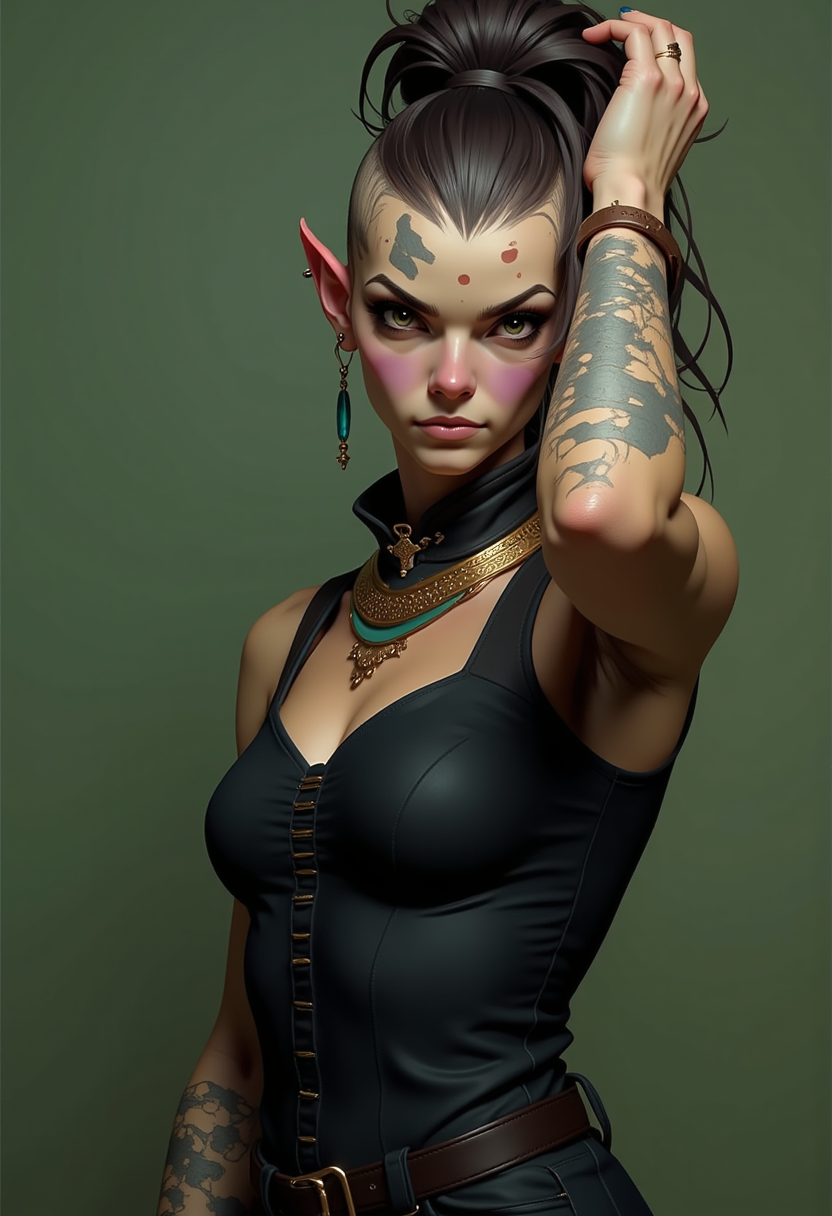 Headshots,masterpiece, a beautiful woman,Hyperrealistic, she is smiling, dynamic angles, multiple angles, photoshoot poses; A photo of A-laria, a woman with a mohawk, she has massive breasts, a beautiful girl,she is wearing a black dress.she has massive breasts, she has piercing eyes. a dynamic pose and a sense of action. simple green background, and the lighting is soft, creating a dramatic effect, creating a focused and dynamic pose.; the scene is set in a beautiful well-lit environment, with a sense of action and adventure. Style: realistic hyper-detailed rendering, 32k UHD, expressive eyes, punk, graphic design, girl's face, pretty and cute, gleaming lips, telling a tale of adventure. Exuding confidence and serenity. The overall mood of the image is happy and relaxed, detailed skin texture,(blush:0.2),(goosebumps:0.3), subsurface scattering,with a playful and whimsical tone, perfect hand, hand, detailed hand,niji style,retro50s_style,