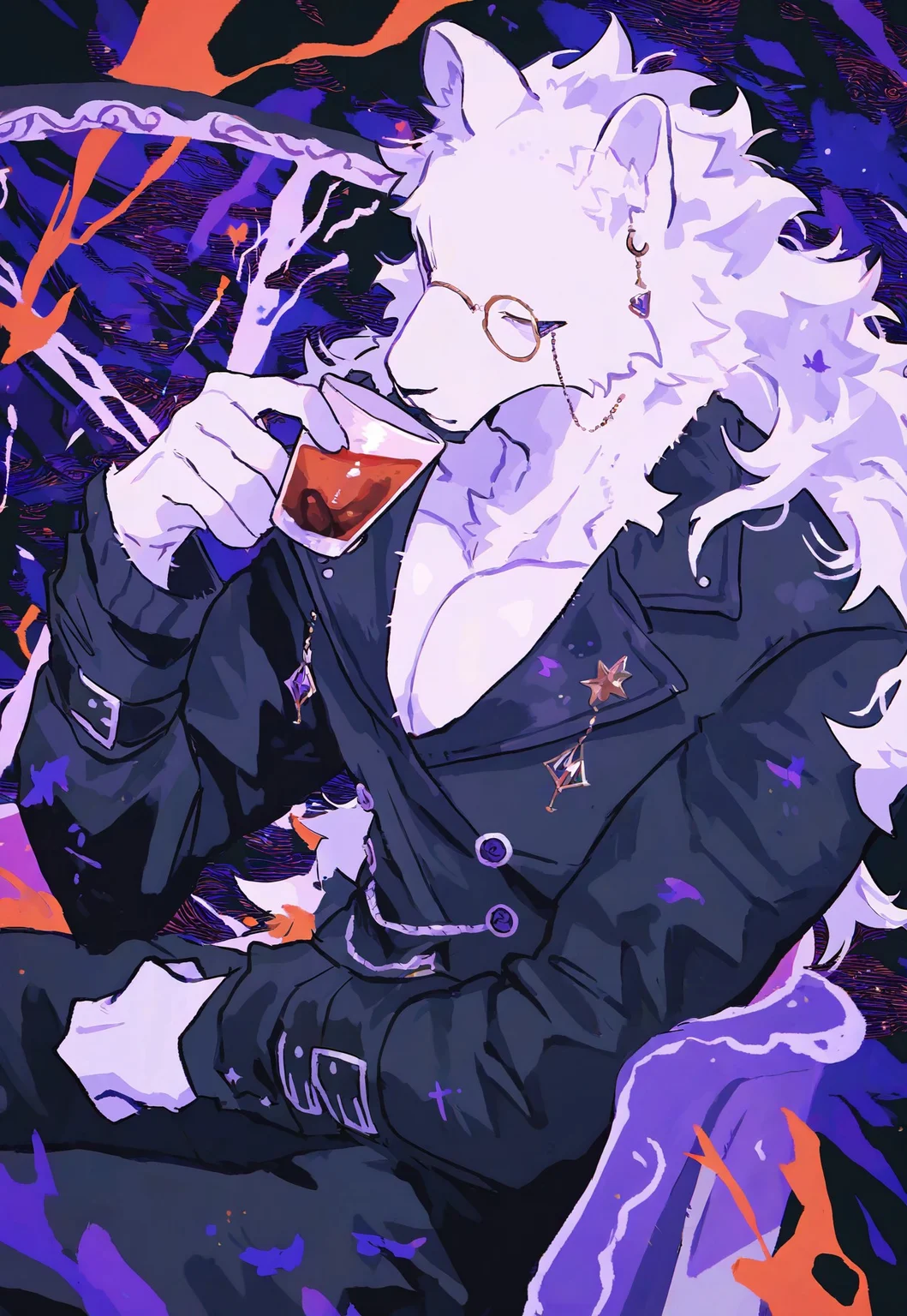 masterpiece, best quality, newest, very aesthetic, absurdres, very awa, negiwasa, abstract, abstract background, solo, male focus, furry, lion, muscular, pecs, gothic victoria jacket, monocle, sipping tea, sitting on chair, three quarter view, upper body