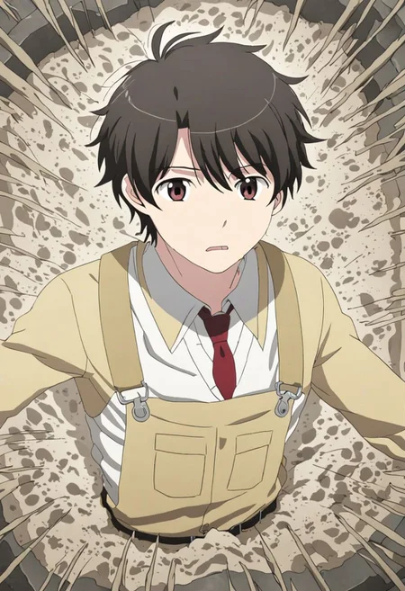 high resolution, solo, best quality, 1Boy, Inaho Kaizuka, Black Hair, Brown Eyes, panic, trapped, quicksand, dying, OverallDetail
