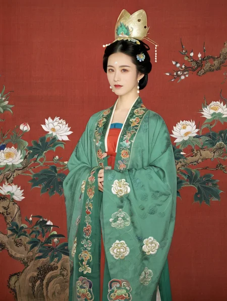 A pretty girl is standing in front of a red wall,ancient Chinese palace,beautiful face,long eyelashes, charming eyes,szhf dress,wide sleeve,green embroidered xiapi,(((with a guan on her head))),frontal view,looking at view,highly detailed,full body <lora:szhf:0.6> <lora:xgbh-0000010:0.7>