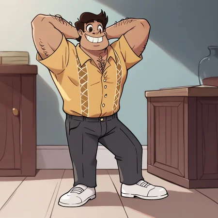 score_9, score_8_up, score_7_up BREAK RafaDiaz, 1boy, brown hair, brown eyes, tan skin, pencil thin mustache, hairy chest, hairy arms, yellow polo shirt, dark gray pants, white shoes, mature male, smiling, arms behind head, cowboy shot,