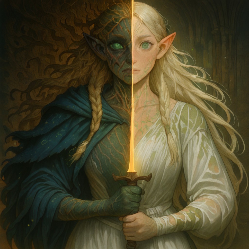 masterpiece, best quality, newest, absurdres, highres, 
DUSV1.0, split screen, split theme, dual persona, transformation, dark persona, holding sword, sword, holding weapon, holding, weapon,
1girl, marcille_donato \(dungeon_meshi\), elf, pointy ears, green eyes, blonde,