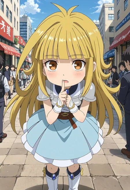 <lora:Hyper-SDXL-8steps-lora:1> <lora:Fixhands_anime_bdsqlsz_V1:1> zPDXL2, score_9, score_8_up, score_7_up, source_anime, intricate details, perfect anatomy BREAK
outdoors, city, tokyo, japan, audience, crowd, standing, hand on own chin, looking at viewer,  leaning forward, arm behind back,index finger raised, Confused, Wide-open eyes, a slightly furrowed brow, and a slightly open mouth., 1girl, solo, solo focus, 
<lora:driland-mikoto_XL(pony)v10:1> (chibi:0.6), driland-mikoto, blonde hair, long hair, brown eyes, driland-mikoto outfit, armored dress, breastplate, detached sleeves, blue skirt, white boots,