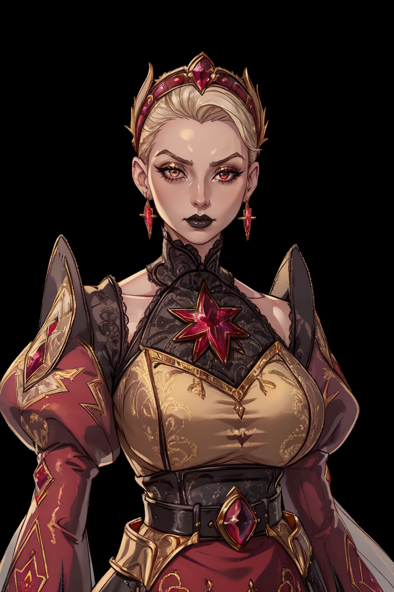 (portrait:1.3), woman, platinum blonde hair, wearing HUD_Evl_Que3n_2, dress, earrings, <lora:Evil_Queens_Sister-000009:0.65> , (The City of Glas:1.2), (((Passion)), Regal Desire, Luxurious ((brocade ballgown)), Intense (ruby red) with (gold) patterns, Structured (bodice), Balloon (sleeves), (Gold) corded belt, Floor-length, Red brocade booties, Empress, Vintage updo, (Gold) and ruby headpiece.:1.1), evil, eyeliner, black lips, dark skies, lightning