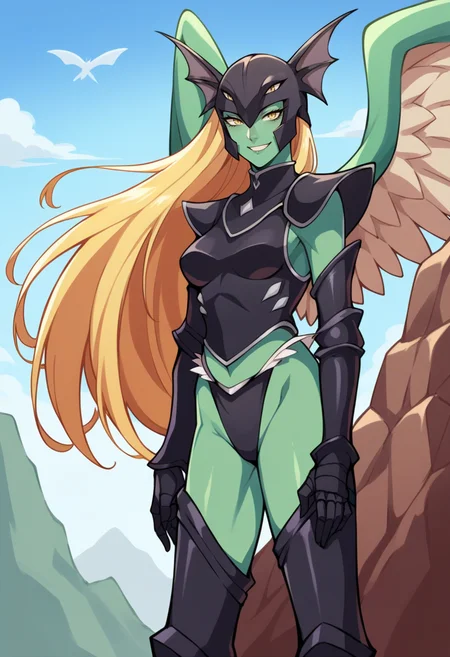 score_9, score_8_up, score_7_up, source_anime BREAK 1girl, solo,  <lora:zs_MorriganXL:1> morrigansmt, feathered wings, armor, helmet, blonde hair, long hair, yellow eyes, colored skin, green skin, cowboy shot, looking at viewer, cliff side, horizon, blue sky, smile