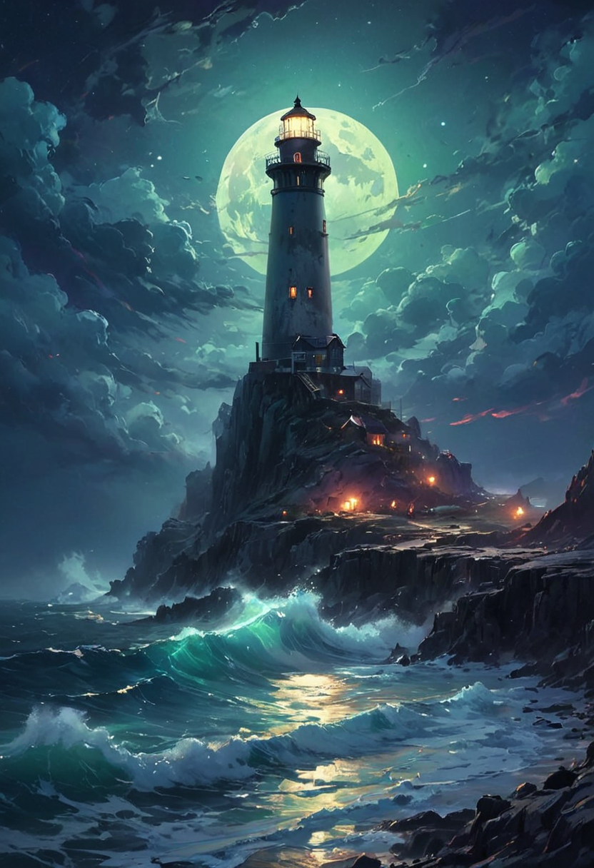 Under the eerie glow of a full moon, a dark and ominous landscape unfolds. A vibrant, colorful ship stands by the edge of a serene ocean, its vivid hues contrasting starkly with the foreboding atmosphere. In the background, a lighthouse stands atop jagged rocks, its light cutting through the darkness and reflecting off the ocean's surface, glistening in the moonlight. Thick, swirling clouds loom overhead, adding to the sense of an evil presence. The moonlight filters through the clouds, casting an otherworldly glow over the scene. A falling star streaks across the sky, adding a touch of mysticism to the night. The air is thick with a sense of ancient secrets and dark magic, as if the very night is alive with hidden power.  [romantic impressionism,dream scenery art,beautiful oil matte painting,romantic,style of thomas kinkade,beautiful digital painting,anime landscape,romantic painting,dreamlike digital painting,colorful painting,beautiful gorgeous digital art,style of greg rutkowski,janek sedlar,jenny saville:0]  <lora:vivid_everclear:0.6>  <lora:Sinozick:1>