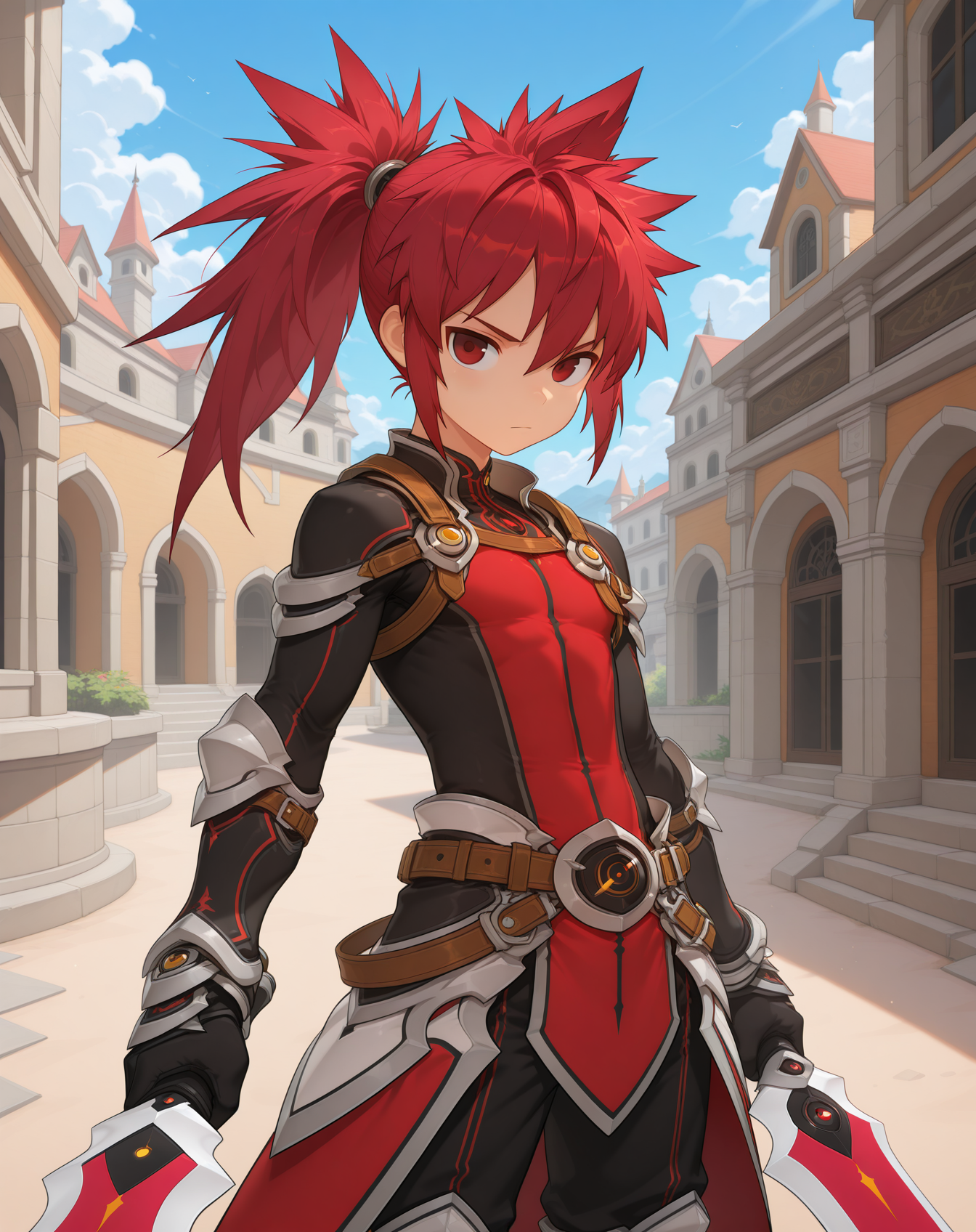 masterpiece, amazing quality, best quality, absurdres, very aesthetic,
1boy, solo, yaoi, male focus, cowboy shot, upper body, looking at viewer, face focus,
 <lora:Elsword_Sheath_Knight_ilxl:1>   elswordsk, red hair, red eyes, spiked hair, long hair, ponytail,
black pants, gloves, surcoat, armor, belt, knee boots, 
sword, dual wielding, holding weapon, reverse grip,
outdoors, day, blue sky,