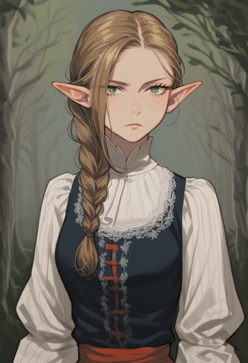 (score_9, score_8_up, score_7_up), source_anime, anime,  female, tall, (lightly-brown hair in a single long braid), dark black slavik dress, green eyes, dark mysterious forest background, waist-high, gloomy, solo, female, serious, looking downwards, middle aged, upper body, elf, thick hair, nordic outfit, grayness, closed clothing, folk dress, layered clothing, looking out from under his forehead, long thick braid, sideways, tilted her head slightly to the side