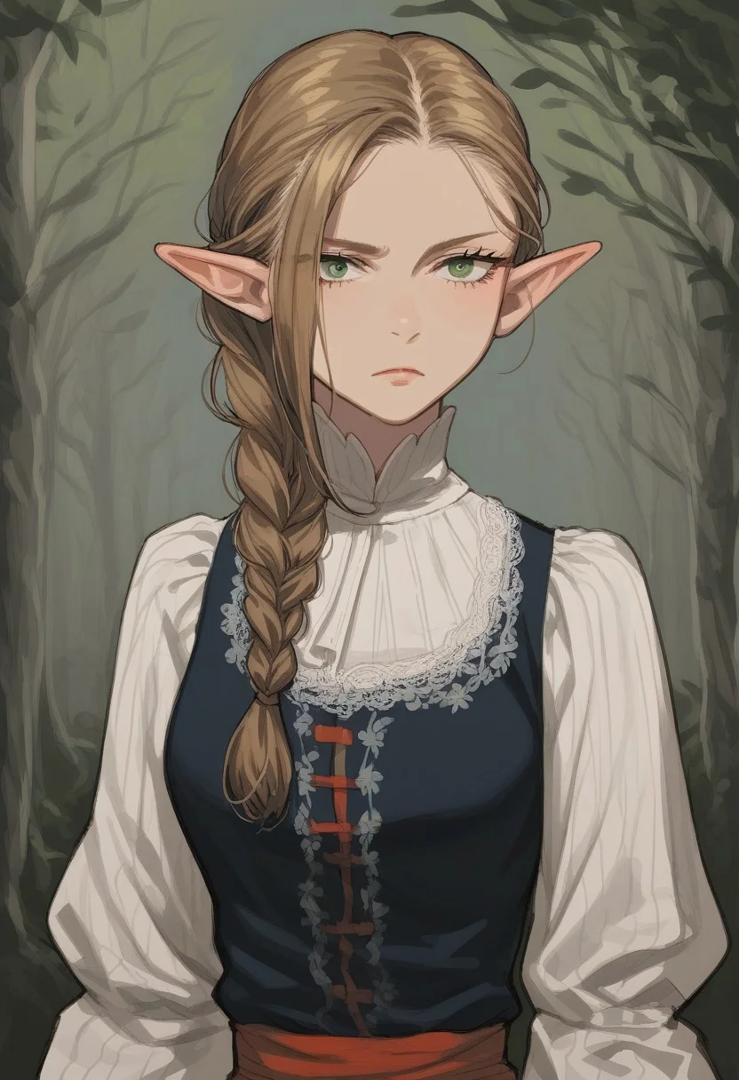 (score_9, score_8_up, score_7_up), source_anime, anime, female, tall, (lightly-brown hair in a single long braid), dark black slavik dress, green eyes, dark mysterious forest background, waist-high, gloomy, solo, female, serious, looking downwards, middle aged, upper body, elf, thick hair, nordic outfit, grayness, closed clothing, folk dress, layered clothing, looking out from under his forehead, long thick braid, sideways, tilted her head slightly to the side