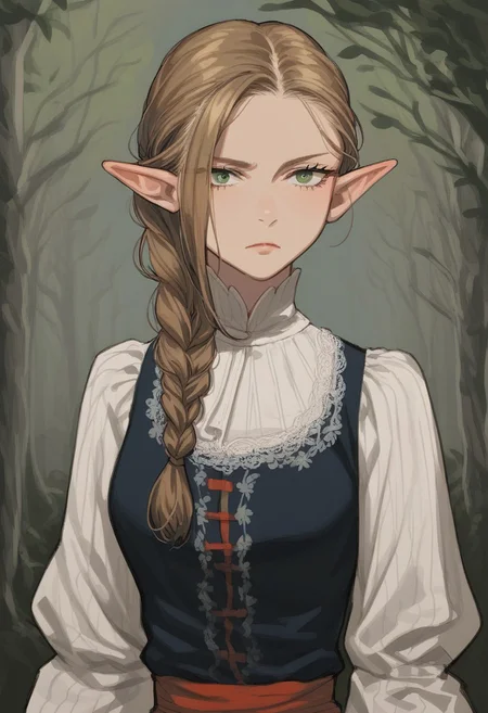 (score_9, score_8_up, score_7_up), source_anime, anime,  female, tall, (lightly-brown hair in a single long braid), dark black slavik dress, green eyes, dark mysterious forest background, waist-high, gloomy, solo, female, serious, looking downwards, middle aged, upper body, elf, thick hair, nordic outfit, grayness, closed clothing, folk dress, layered clothing, looking out from under his forehead, long thick braid, sideways, tilted her head slightly to the side