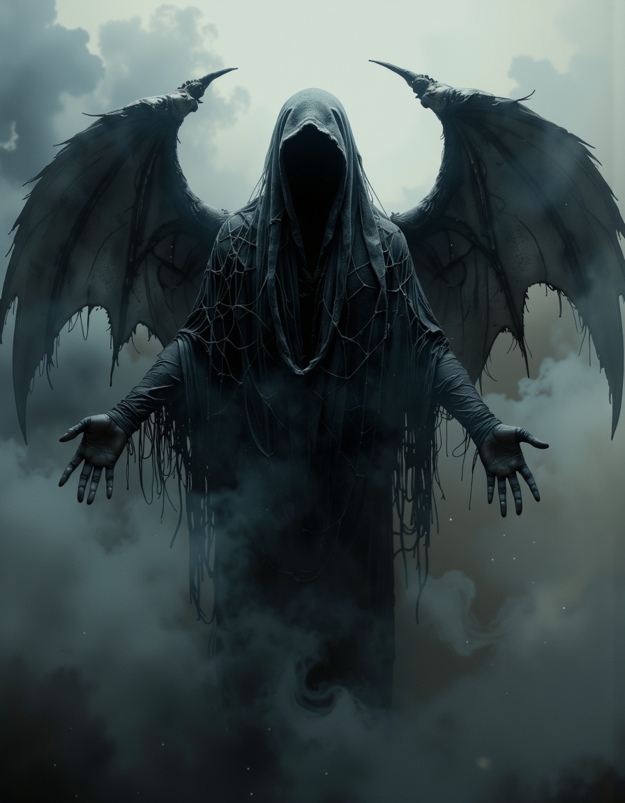 A cinematic photography.
Ornate and Intricate, cinematic photo long shot scenic professional photograph of a digital artwork depicting a haunting and eerie scene. The central character is a dark, shadowy figure draped in a tattered fabric, almost as if it were made of spider webs. The character's face is completely obscured, adding to the sense of mystery and fear. His hands, also covered in the web-like substance, are outstretched. The character has large, dark wings that are also made of the same web-like material, adding to the ethereal and otherworldly atmosphere.
The background is a foggy, misty scene with swirling, ethereal smoke or fog that creates a sense of depth and uncertainty. The colors in the image are mostly dark and muted, with shades of gray, black, and blue dominating. The texture of the web-like material is rough and stringy, giving it a realistic and tactile quality. The overall style of the work is dark fantasy, with the aim of creating a frightening and unsettling atmosphere through its strange and macabre elements. The image conveys a sense of foreboding and mystery, inviting viewers to contemplate the enigmatic nature of the central character.