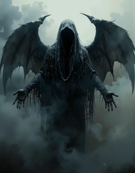 A cinematic photography.
Ornate and Intricate, cinematic photo long shot scenic professional photograph of a digital artwork depicting a haunting and eerie scene. The central character is a dark, shadowy figure draped in a tattered fabric, almost as if it were made of spider webs. The character's face is completely obscured, adding to the sense of mystery and fear. His hands, also covered in the web-like substance, are outstretched. The character has large, dark wings that are also made of the same web-like material, adding to the ethereal and otherworldly atmosphere.
The background is a foggy, misty scene with swirling, ethereal smoke or fog that creates a sense of depth and uncertainty. The colors in the image are mostly dark and muted, with shades of gray, black, and blue dominating. The texture of the web-like material is rough and stringy, giving it a realistic and tactile quality. The overall style of the work is dark fantasy, with the aim of creating a frightening and unsettling atmosphere through its strange and macabre elements. The image conveys a sense of foreboding and mystery, inviting viewers to contemplate the enigmatic nature of the central character.
