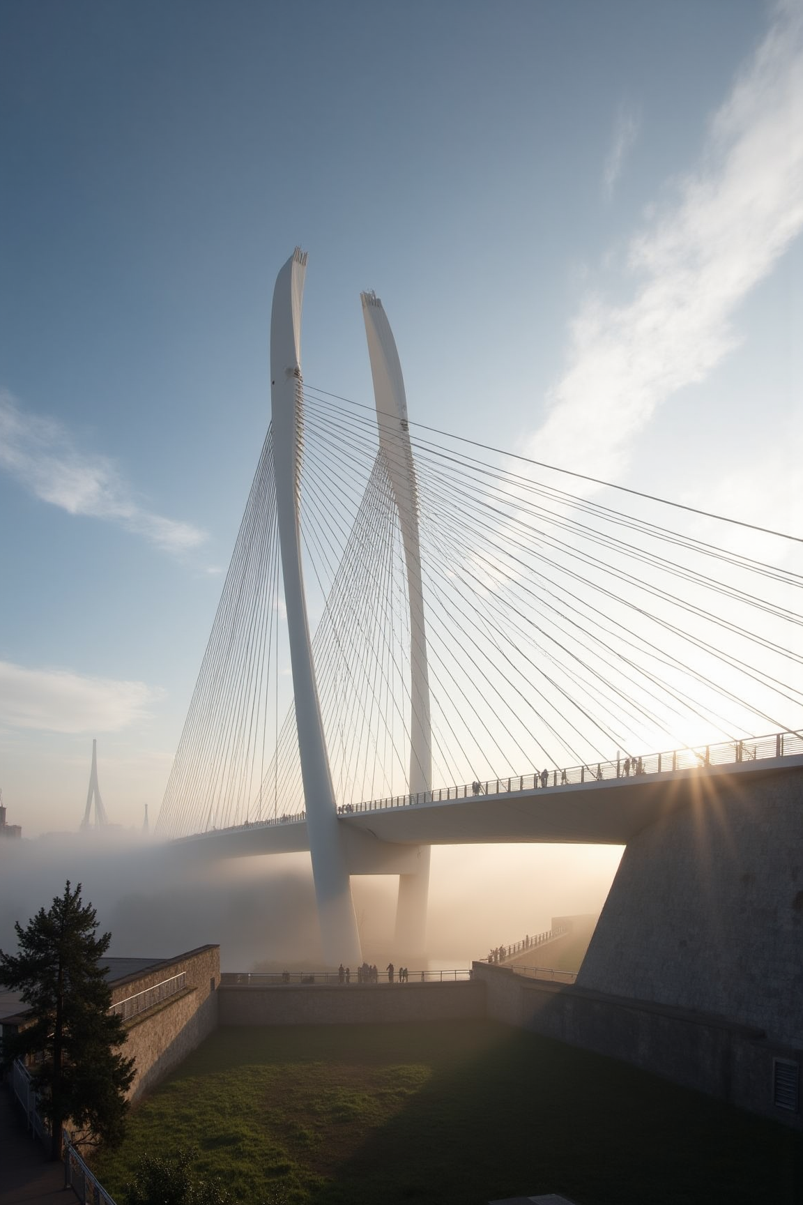 YFG-Sm0rg, A majestic and futuristic suspension bridge inspired by Santiago Calatrava's architectural style, set against the backdrop of a serene and misty morning in a European cityscape.
The bridge itself is the focal point, with its sleek and curvaceous design evoking a sense of fluidity and dynamism. The structure appears to be supported by a pair of delicate, wing-like pillars that seem to defy gravity as they stretch upwards towards the sky. As the mist swirls around them, it accentuates the intricate details of the bridge's steel latticework, casting a subtle shimmer on its surface.
The cityscape below is bathed in soft, golden light, with tall buildings and trees silhouetted against the pale blue horizon. A few pedestrians can be seen strolling across the bridge, their figures tiny and insignificant in comparison to the grandeur of the structure.
In the foreground, a section of the city's medieval wall is visible, its weathered stone faÃ§ade blending seamlessly into the modern landscape. A small patch of verdant greenery â perhaps a neglected garden or a forgotten courtyard â peeks out from behind the wall, adding a touch of tranquility to the scene.
The sky above is a deep shade of blue, with wispy cirrus clouds scattered across it like threads on a tapestry. The sun, though not directly visible, casts a warm glow over the entire scene, imbuing it with a sense of optimism and promise.
Key features to include:
* A prominent display of Calatrava's signature use of steel latticework
* A blend of modern and historical architectural elements
* A focus on fluidity and movement, conveyed through the bridge's curvaceous design
* A muted color palette with an emphasis on blues and grays to evoke a sense of serenity
* Subtle details such as pedestrians, trees, and buildings in the background to add depth and context.