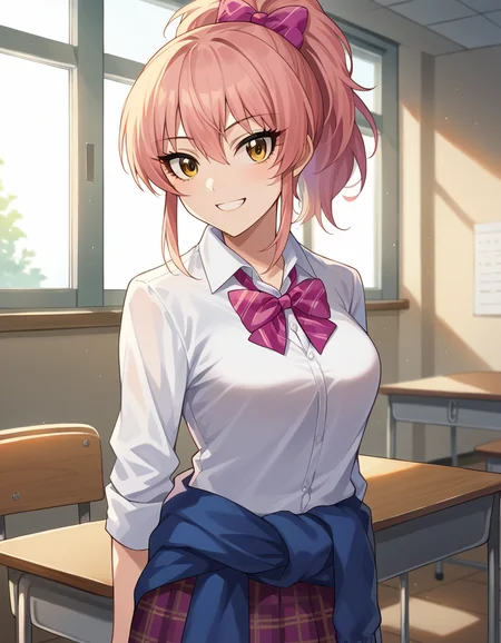 score_9, score_8_up, score_7_up, source_anime,
mikajougasaki, <lora:mika-jougasaki-ponyxl-lora-nochekaiser:1>
mika jougasaki, hair bow, long hair, pink hair, yellow eyes, ponytail, smile,
bow, clothes around waist, plaid, plaid skirt, school uniform, skirt, sweater, sweater around waist,
indoors, classroom,
looking at viewer, dutch angle, cowboy shot,