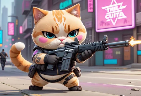 "Grand Theft Auto" style of gunner cute chubby cat army in cyberpunk clothing, pointing gun at camera  ar 9:16  stylize 200  v 6