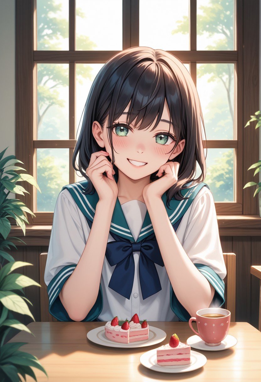 masterpiece, best quality, high quality, high details, source_anime, score_9, score_8_up, score_7_up, extremely detailed,
cheerful high school girl in uniform, sitting at cozy café table with tea and strawberry cake, smiling gently, warm sunlight through window, wooden interior, plants around, soft shadows, gentle blush, soft focus background, pastel tones, heartwarming anime style, shoulder-up view