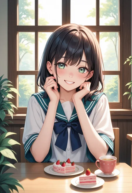 masterpiece, best quality, high quality, high details, source_anime, score_9, score_8_up, score_7_up, extremely detailed,
cheerful high school girl in uniform, sitting at cozy café table with tea and strawberry cake, smiling gently, warm sunlight through window, wooden interior, plants around, soft shadows, gentle blush, soft focus background, pastel tones, heartwarming anime style, shoulder-up view