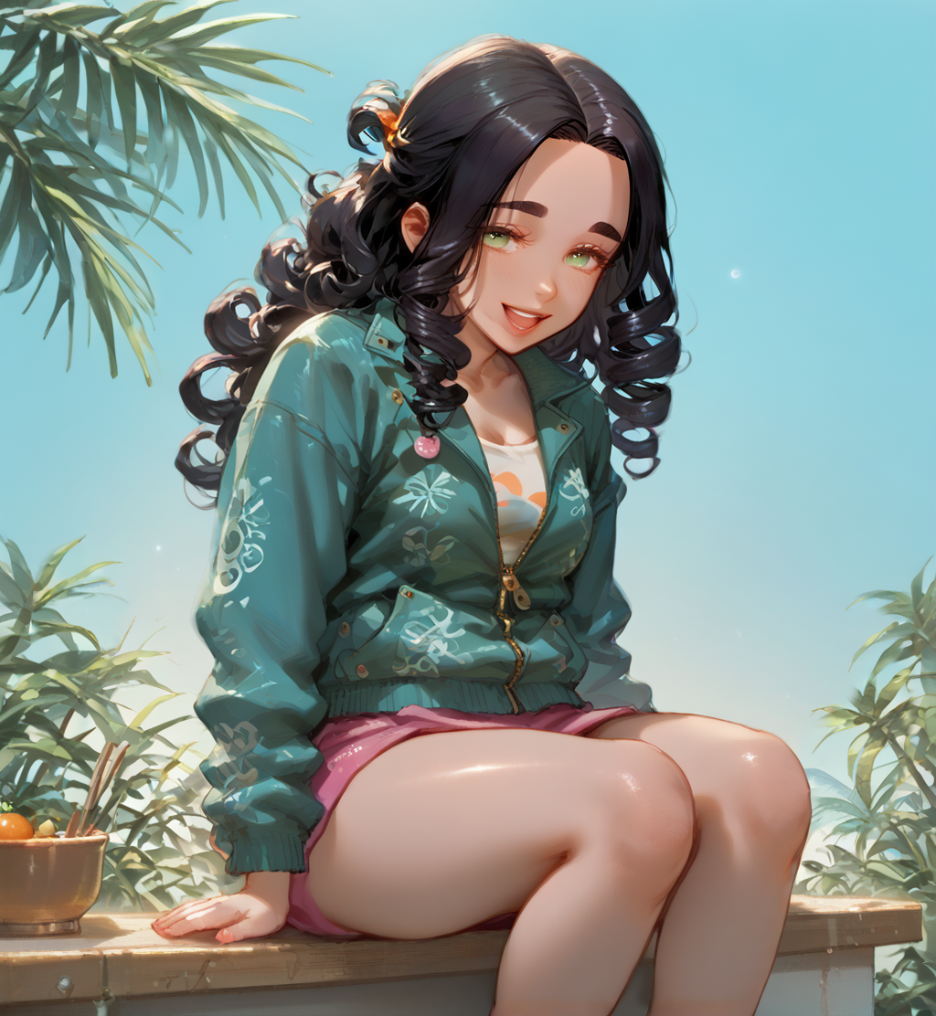 PonyScores7, source_anime, ah1, <lora:natsumi_style:1>, BREAK 1girl, (curly hair), long hair, (black hair:1.3), mature female, (parted hair:1.7), (round face:1.2), (thick eyebrows), (curvy), round-chin, (greenish hazel eyes), caucasian, (downturned eyes:1.2), (plump face), <lora:ETO_OCPonyXL:0.5> eto_oc, skindentation, (plump), thick thighs, wide hips, busty, voluptuous, kinky curls, lips, <lora:venus body PonyXL:0.4>, (smile, open mouth), (Sitting on a bench, hands clasped in the lap, lost in deep thought and contemplation), (cooking class together, they laugh at their mistakes and enjoy a delicious meal feeling accomplished and bonded), looking at viewer, (((Tropical Sunset, Orange, pink, purple, turquoise Oversized denim jacket with faux shearling lining and distressed details))), BREAK <lora:xl_more_art-full_v1:0.2>, <lora:shinyskin2:0.2> glistening skin, <lora:aesthetic_anime_v1s:0.2>, <lora:Expressive_H:0.2> Expressiveh, <lora:hairdetailpxl:0.2> hairdetailpxl, <lora:EpicF4nta5yXL:0.2>, <lora:detailxl:0.2> detailxl, <lora:Fant5yP0ny:0.2>, best quality, amazing quality, best aesthetic, absurdres, <lora:expressive eyes:0.2> expressive eyes, <lora:eyedetailpxl:0.2> eyedetailpxl, illustration, Volumetric_Lighting, ultra-detailed, very aesthetic, intricate details, 8k, masterpiece, best_quality, BREAK (full body), BREAK <lora:Eyes_High_Definition:0.3> EyesHD, Stable_Yogis_PDXL_Positives, AS-Adult, <lora:Complicated fantasy portrait - XL Pony V2.0:0.4>, bad-hands-5,