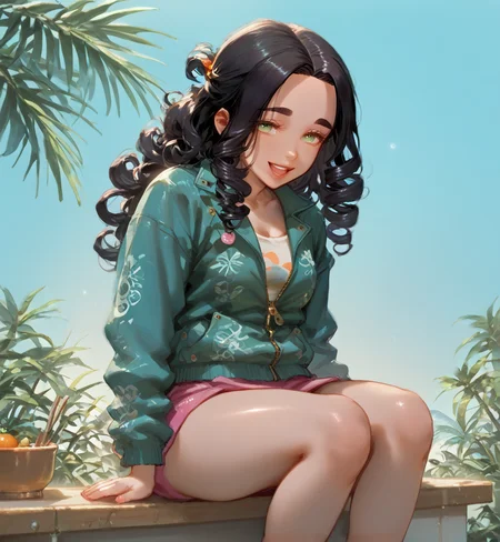 PonyScores7, source_anime, ah1, <lora:natsumi_style:1>, BREAK 1girl, (curly hair), long hair, (black hair:1.3), mature female, (parted hair:1.7), (round face:1.2), (thick eyebrows), (curvy), round-chin, (greenish hazel eyes), caucasian, (downturned eyes:1.2), (plump face), <lora:ETO_OCPonyXL:0.5> eto_oc, skindentation, (plump), thick thighs, wide hips, busty, voluptuous, kinky curls, lips, <lora:venus body PonyXL:0.4>, (smile, open mouth), (Sitting on a bench, hands clasped in the lap, lost in deep thought and contemplation), (cooking class together, they laugh at their mistakes and enjoy a delicious meal feeling accomplished and bonded), looking at viewer, (((Tropical Sunset, Orange, pink, purple, turquoise Oversized denim jacket with faux shearling lining and distressed details))), BREAK <lora:xl_more_art-full_v1:0.2>, <lora:shinyskin2:0.2> glistening skin, <lora:aesthetic_anime_v1s:0.2>, <lora:Expressive_H:0.2> Expressiveh, <lora:hairdetailpxl:0.2> hairdetailpxl, <lora:EpicF4nta5yXL:0.2>, <lora:detailxl:0.2> detailxl, <lora:Fant5yP0ny:0.2>, best quality, amazing quality, best aesthetic, absurdres, <lora:expressive eyes:0.2> expressive eyes, <lora:eyedetailpxl:0.2> eyedetailpxl, illustration, Volumetric_Lighting, ultra-detailed, very aesthetic, intricate details, 8k, masterpiece, best_quality, BREAK (full body), BREAK <lora:Eyes_High_Definition:0.3> EyesHD, Stable_Yogis_PDXL_Positives, AS-Adult, <lora:Complicated fantasy portrait - XL Pony V2.0:0.4>, bad-hands-5,
