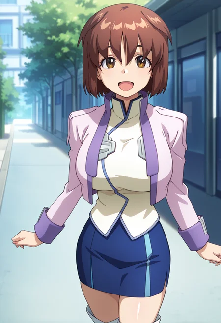 masterpiece, best quality, amazing quality, very aesthetic, absurdres, newest, illustration, perfect composition, intricate details, highres, anime coloring, general, 1girl, solo, (cowboy shot:1.2), tamakiww, brown eyes, brown hair, short hair, hair between eyes, large breasts, tamakiuniform, cropped jacket, long sleeves, blue skirt, pencil skirt, white boots, looking at viewer, smile, open mouth, outdoors, shiny body, shiny skin, skindentation, clear skin, shiny hair, ultra detailed eyes, depth of field, sharp, intricate details, hyperdetailed, ultra-detailed, detailed clothing folds, high contrast, dynamic light <lora:Irie_Tamaki_Majestic_Prince_ill:1>