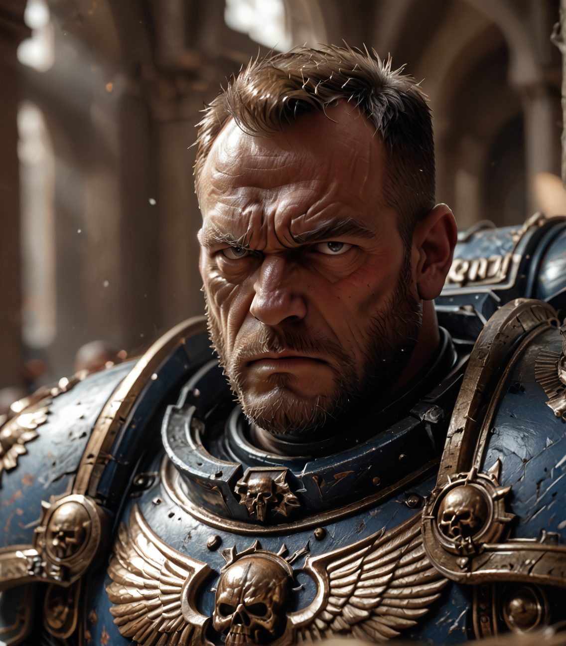 score_9, score_8_up, score_7_up, score_6_up, 1boy, male focus, solo, rugged features, zPDXL3, realistic, thick neck, heavily built, bara, power armor, mature, greying hair, facial hair, stubble, buzz cut, xlbodybuilder, UltraM40k, bara, <lora:Space_Marine_No_Helmet_Pony:0.85> <lora:ponybodybuilder:0.8> <lora:UltraM40k:0.6>