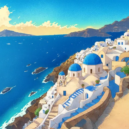 Greek traditional city, (santorini:1.3), (greece:1.2),  (blue domed house:1.1),  sea border, white and blue buildings, cartoon, anime,  SteamSummerSales2024 <lora:SteamSummerSales2024:1>